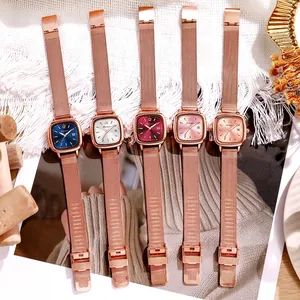 Elegant rose gold square women's watches with various dial colors and mesh straps