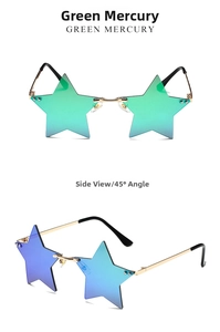 Detailed front and side views of rimless star-shaped sunglasses with green mercury lenses