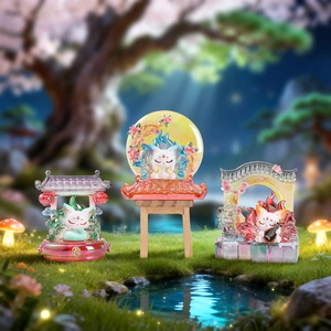 Three Nine-Tailed Fox resin ornaments in a magical night garden with cherry blossoms