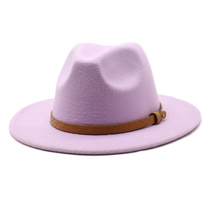 Detail of lavender wool fedora hat featuring a stylish snakeskin band and gold buckle