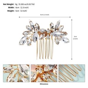 Detail view of rhinestone wedding hair comb with specific weight and size dimensions