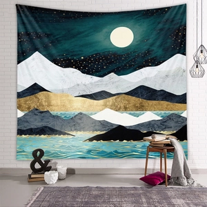 Detailed close-up of a modern mountain landscape tapestry in a cozy home setting