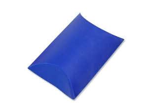 Close-up of blue pillow-shaped gift box with matte finish for wedding candy and jewelry