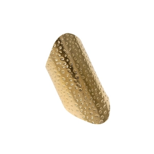 Wide gold stainless steel ring with hammered texture and irregular open design on white background