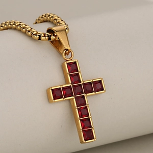 Luxury gold hip-hop cross pendant necklace with red square crystals on ball chain