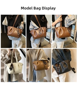 Detail shots of three vintage pleated tote bags shown from multiple model perspectives