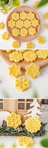 Detailed view of snowflake-shaped yellow cookies made with mini Christmas fondant cutters
