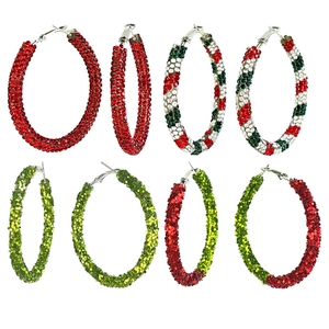 Créoles Strass Paillettes Noël Fête Grand Cercle Rayé Sucre D'orge Pour Femmes Tige De Boucle D'oreille En Argent