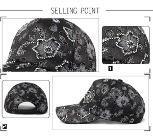 Detailed views of floral embroidery and sparkling rhinestones on the black mesh cap