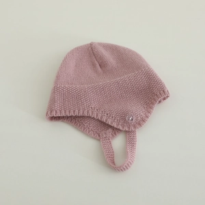 Berretto in maglia rosa per neonati con paraorecchie e laccetto, cappello invernale