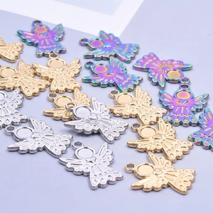 Polished stainless steel angel charms in gold silver and rainbow for DIY jewelry