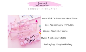 Detail view of pink cat transparent PVC pencil case showing 19.5x8.5cm size dimensions
