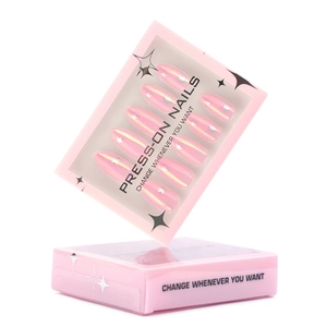 Aurora pink almond press-on nails with silver star patterns in stylish packaging