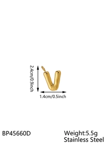 Detail showing dimensions and weight of a gold bubble letter V pendant in stainless steel