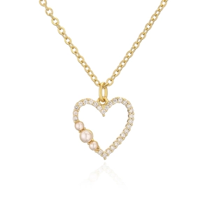 Detailed close-up of gold heart pendant with sparkling crystals and white pearls