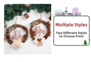 Detail of Christmas rattan wreath with gnome, snowman and Feliz Navidad wooden sign