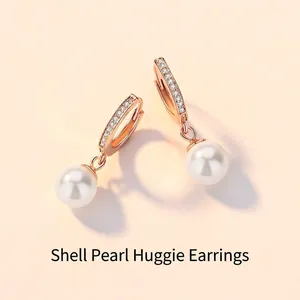 925 Sterling Silver Shell Artificial Pearl Hoop Earrings Elegant Dangle Huggies Pavé Zirconia Round White Bead For Women Jewelry