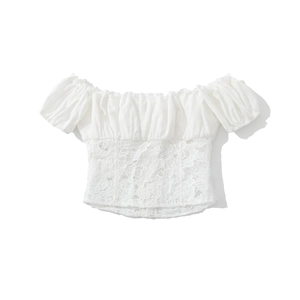 Women's white off-shoulder lace patchwork crop top with puff sleeves on white background