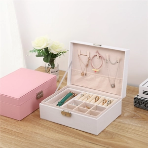 Double-layer PU leather jewelry box with metal lock and multi-functional storage layout