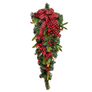 Christmas teardrop swag with green pine needles, red berries, and buffalo plaid bow