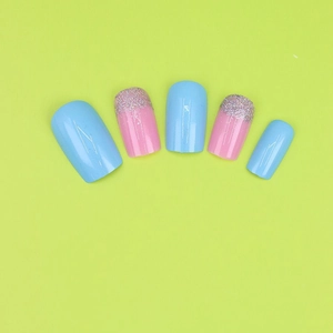 Sky blue and pink glitter gradient press-on nails set with glossy square finish