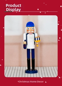 Macro shot of 36cm wooden nutcracker holding a Hanukkah menorah for festive decor