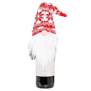Christmas gnome wine bottle cover with red knitted snowflake hat and white beard decoration
