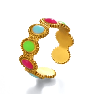Adjustable gold stainless steel ring with colorful oval enamel stones and beaded texture
