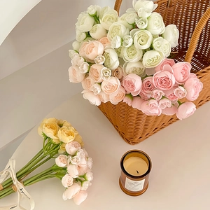 Artificial ranunculus bouquets in wicker basket for elegant home and wedding decor
