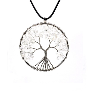 Detailed view of handmade silver wire tree of life pendant with white natural stones