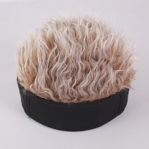 Hip hop beanie with light brown curly wig hair and black brim for costume fun
