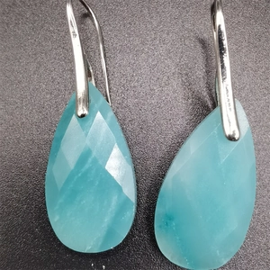 Macro detail of faceted light blue teardrop stone earrings with silver hooks