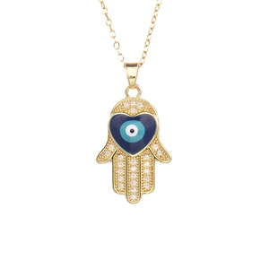 Gold plated Hamsa Hand necklace with blue Evil Eye heart pendant and sparkling crystals