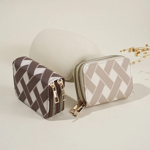 Dual-zipper woven fabric card holder and wallet in brown and cream stripes