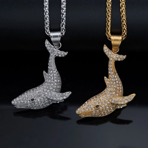 Whale Dolphin Pendant Necklace 316 Stainless Steel Full Rhinestone Iced Out Hip Hop Streetwear Jewelry For Men Women