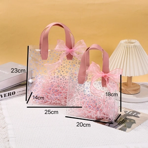 Transparent PVC gift bags with holographic stars, pink handles and size dimensions