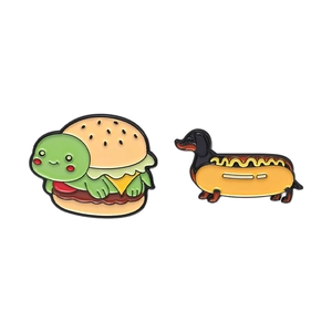 Pins en émail rigolos avec motif de burger tortue verte et hot-dog teckel
