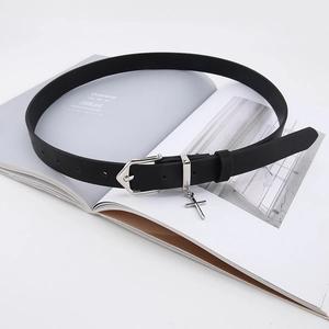 Women Faux Leather Belt With Silver Alloy Needle Buckle And Cross Pendant Retro Punk Style Versatile Waistband For Jeans