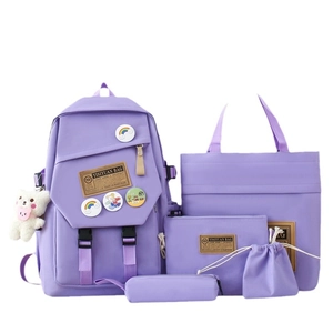 Minimalist purple nylon school backpack 5-piece set with plush bear pendant for students