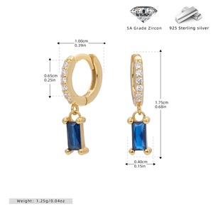 Detailed dimensions of gold S925 sterling silver hoop earrings with blue zircon stones