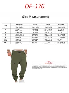 Size chart for men's fleece cargo joggers with detailed CM and INCH measurements