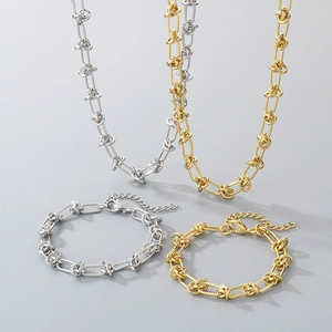 Chic gold and silver plated titanium steel knot chain necklace and bracelet jewelry set