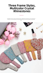 Detail of handheld makeup mirrors in heart and round shapes with hand-set colorful crystals