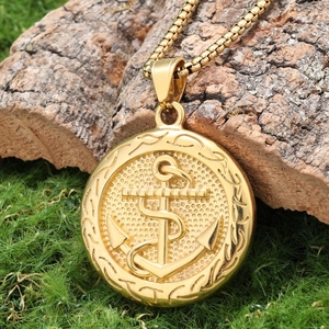 Punk vintage gold coin anchor pendant necklace with square pearl chain for men and women