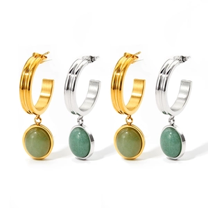 Retro C-shape hoop earrings with green aventurine stone in gold and silver finish
