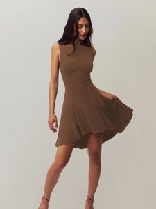 Detail of a slim fit brown sleeveless A-line dress showing the sleek waistline and fabric