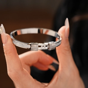 Detail of silver titanium bangle with zircon stones and mother of pearl inlay