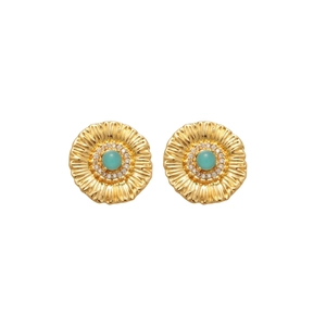 Vintage flower earrings with green zircon centers and white crystals in gold plating