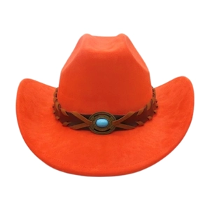Chapeau de cowboy orange avec perle turquoise et ruban en cuir tressé marron