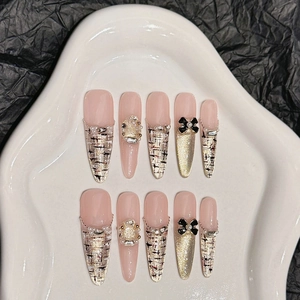 Press On Nails Handmade Long Almond Tweed Pattern 3D Bow Artificial Pearl Rhinestone Elegant Luxury Artificial Fingernails